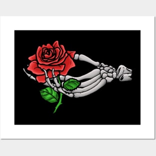 Skeleton hand holding a red rose Posters and Art